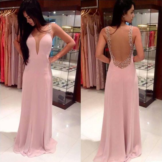 Plunge V-neck Prom Dress With See-through Back, Elegant Long Chiffon Prom Dresses, Pink Chiffon Prom Dresses M9365