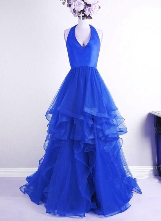 Royal Blue V Neck Sleeveless Prom Dresses M9366