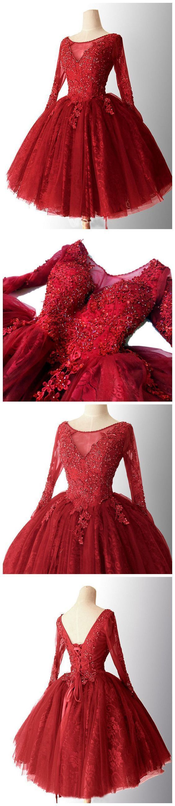 2020 Chic A-line Red Homecoming Dresses Lace Short Prom Dress Long Sleeve Homecoming Dress M9371
