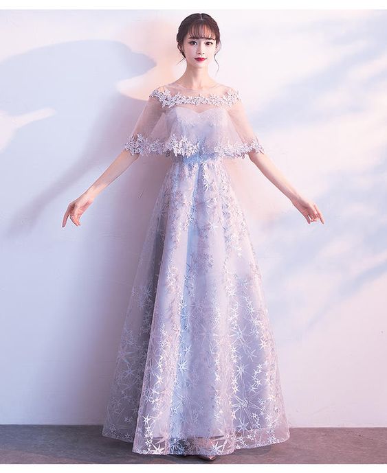 Unique Gray Tulle Long Prom Dress, Lace Evening Dress M9404