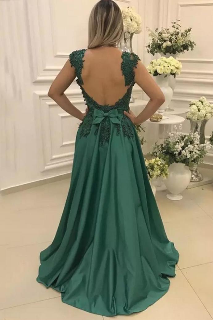 A Line Halter Open Back Satin Long Prom Dresses With Appliques LBQ2228 main image 1