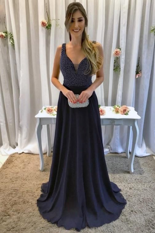 Beaded Plunge Neck Sleeveless Backless Long Solid Chiffon Evening Gown ...