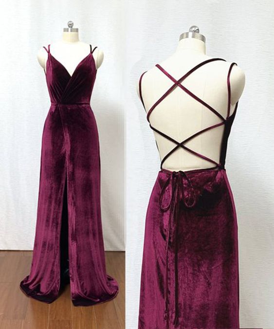 Burgundy Velvet Criss Cross Back Floor Length V Neck Slit Prom Dress, Evening  Dress M9428 on Luulla