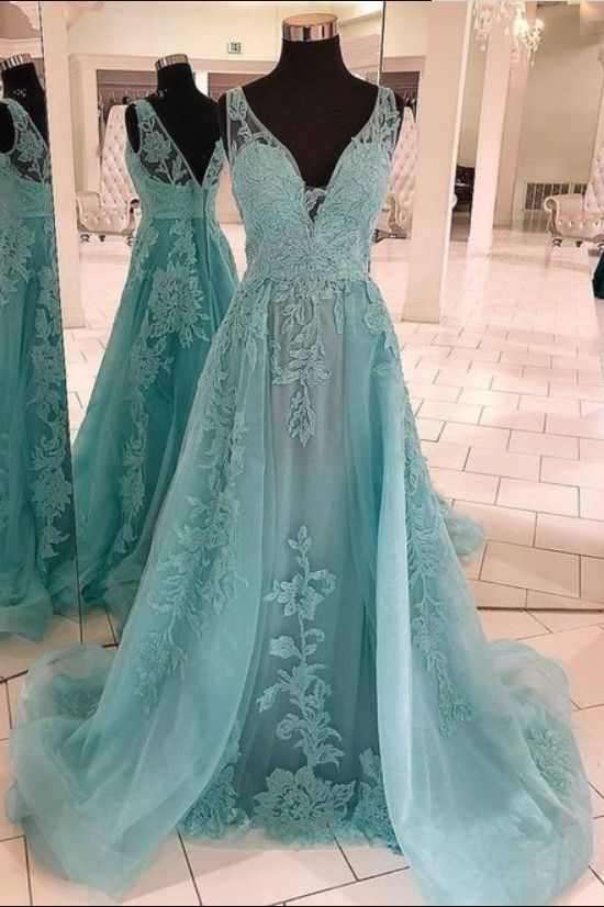 Gorgeous Elegant V Neck Tulle Green A Line Prom Dress With Appliques, Formal Evening Gowns M9429
