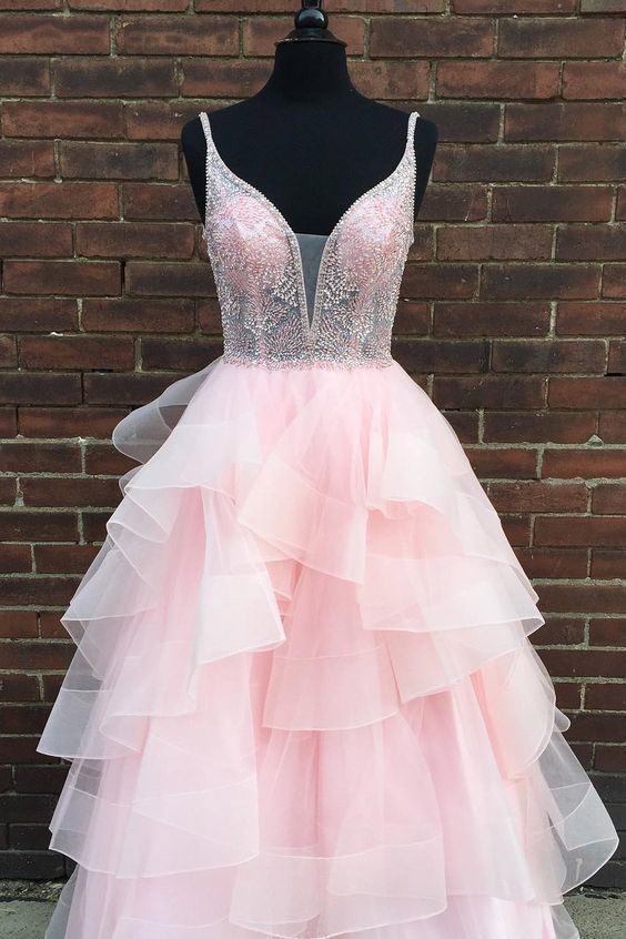 Cascading Ruffles Beaded Long Pink Prom Dress M9433
