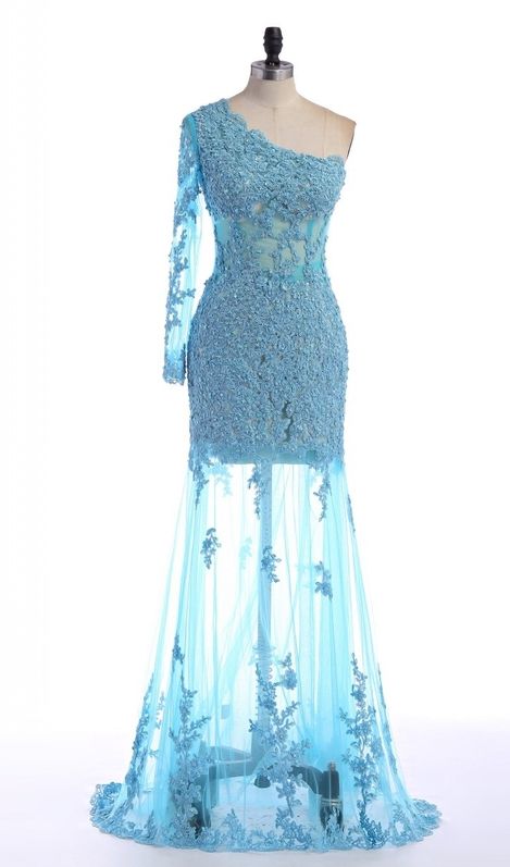 One Shoulder Blue Lace Applique Prom Dress,evening Dresses M9439