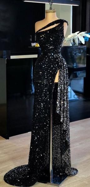 Mermaid Sparkly Sequin Black High Slit Sexy Elegant Prom Dress M9441