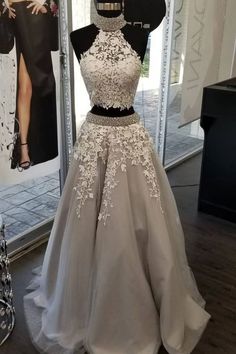 Gray Two Pieces Vintage Prom Dresses With Appliques Beading M9482