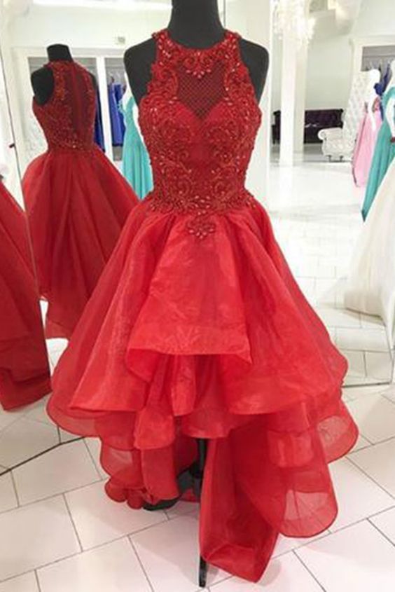 Red Organza Scoop Neck High Low Strapless Homecoming Dress With Beading M9499