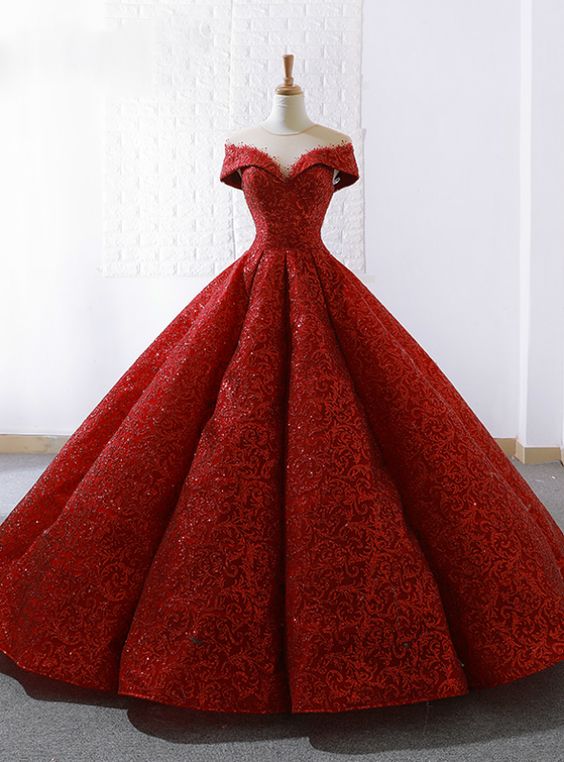 Red Lace Ball Gown See Through Neck Cap Sleeve Wedding Dress M9507