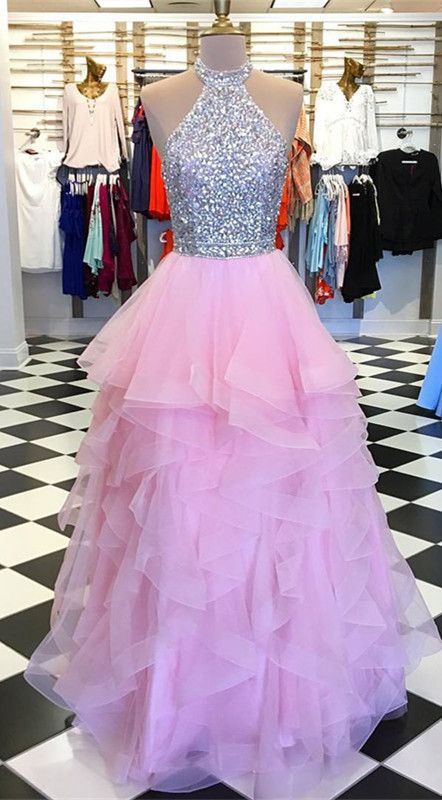 Sparkly Beaded Halter Organza Ruffles Prom Dresses Ball Gowns M9519
