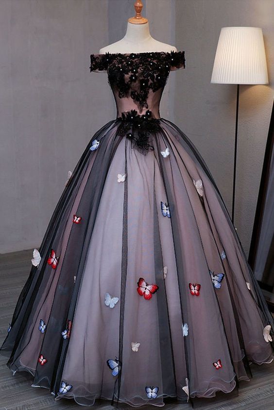Black Prom Dresses Butterfly Appliqued Princess Quinceanera Dress M41