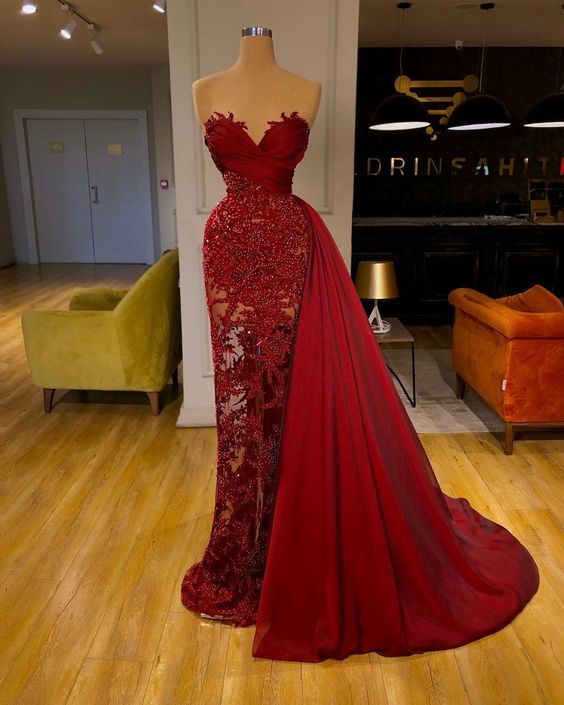 Detachable Skirt Prom Dress, Burgundy Prom Dress, Luxury Prom Dresses, Beaded Prom Dresses, Lace Applique Prom Dresses, Vestido De Longo, 2021