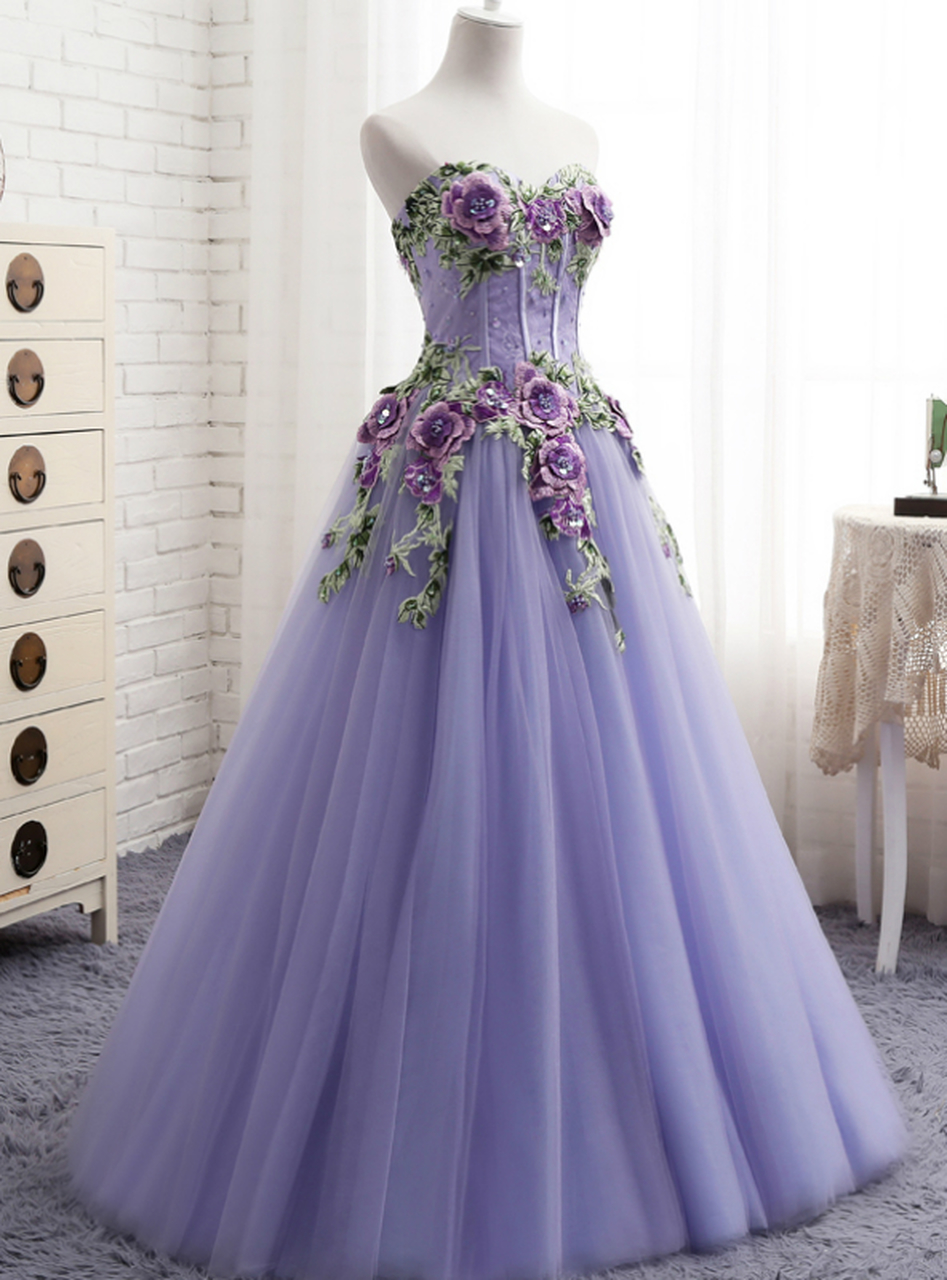 A-line Purple Tulle Embroidery Appliques Sweetheart Neck Prom Dress M70