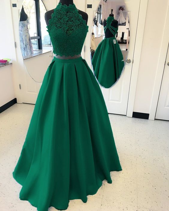 A Line High Neck Satin Open Back Beading Two Piece Prom Dresses LBQ3437