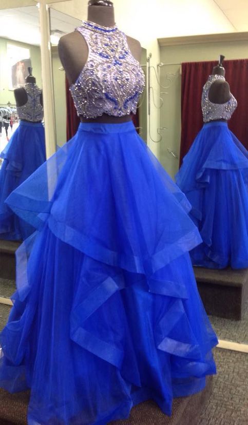 Royal Blue Two Piece Prom Dresses,beaded Bodice Tulle Skirt Sweet 16 Dresses,ball Gown Formal Dresses M105