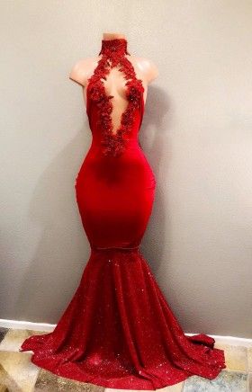 High Neck Halter Red Glossy Jersey Prom Dress. M131