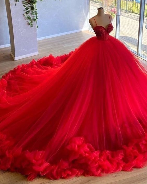 Spaghetti Straps Red Beading Bodice Tulle Ball Gown Evening Dress With Handmade Flowers M147