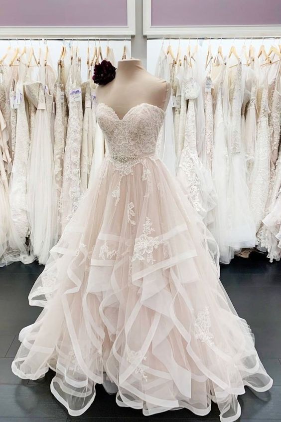 A Line Wedding Dresses For Bride Lace Applique Champagne Sweetheart Neck Elegant Bridal Dresses M216