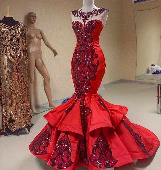 Mermaid Sleveless,embroidery,red,sequine Decor Dress,long Prom Dresses M226