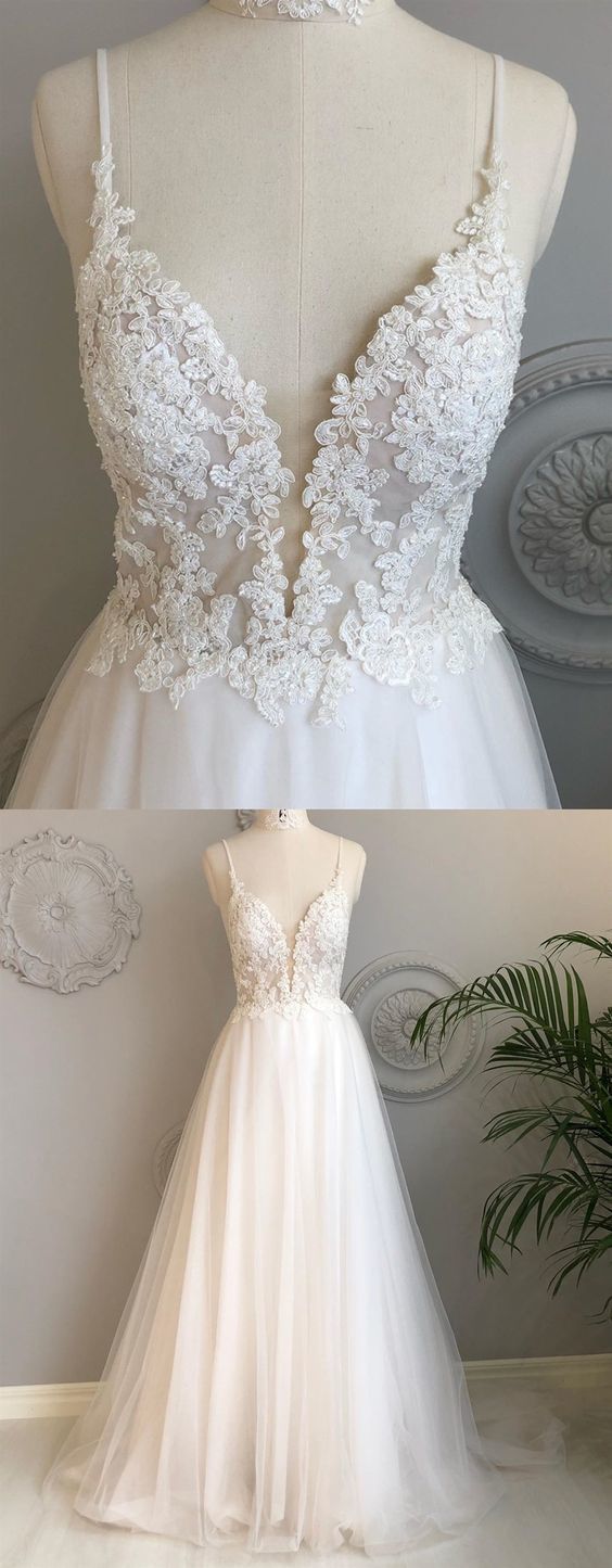 A Line V Neck Backless White Lace Prom Dresses M230 on Luulla