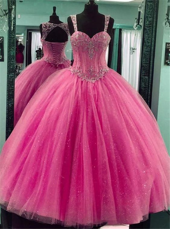 Ball Gown Pink Tulle Beaded Puffy Prom Dress With Straps M238