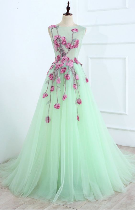 Light Green Tulle Long Embroidery Evening Dress, Open Back Prom Dress M246