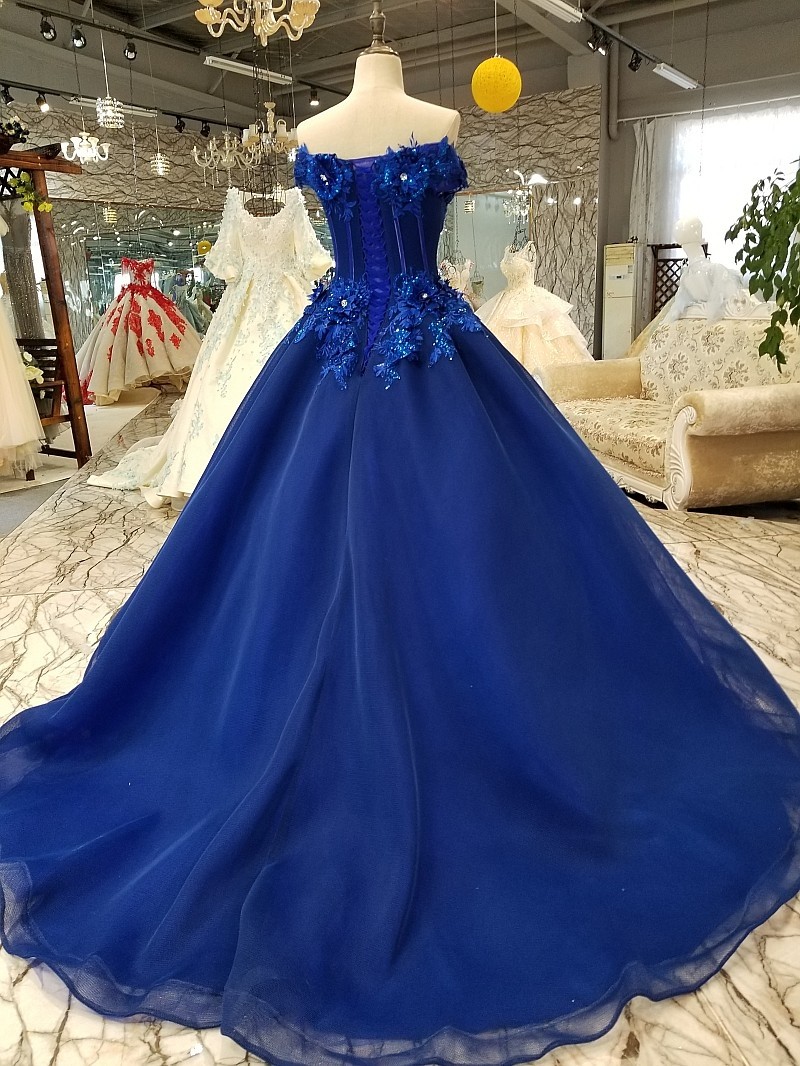 Off-the-Shoulder Sheath Gown with 3D Floral Edge Royal Blue main image 1