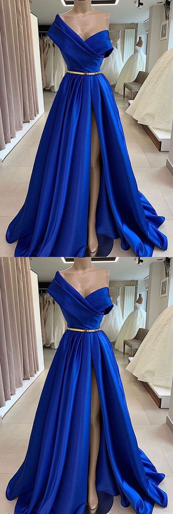 One Shoulder Royal Blue Floor Length Prom Dress With High Slit, Royal ...