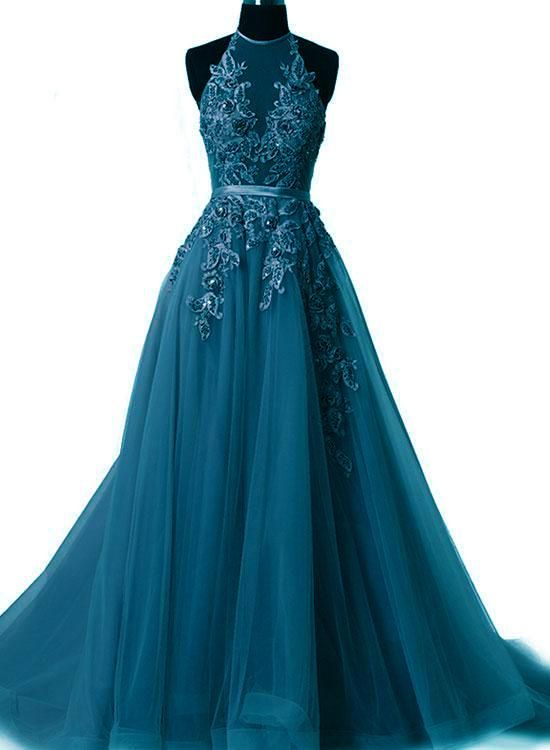 A Line Tulle Lace Halter Prom Dress ,long Formal Gowns M322