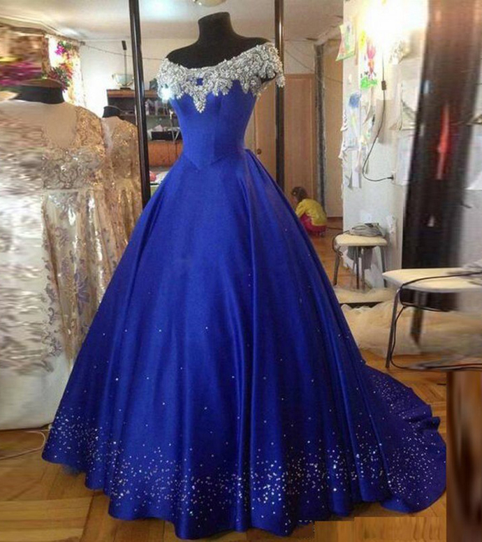 Unique Royal Blue Satin Beaded Evening Dress, A Line Lace Custom Made Prom Dress M352