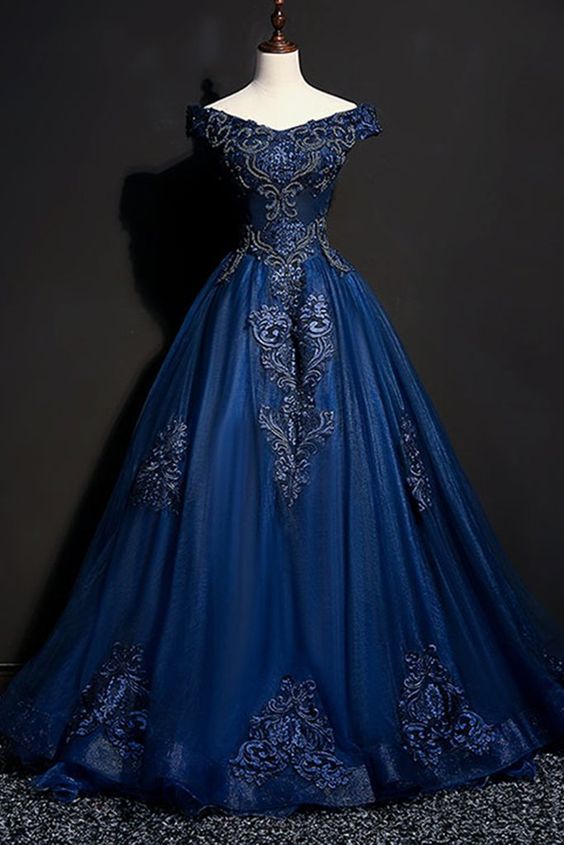 Navy Blue Tulle V Neck Off Shoulder Long Customize Prom Dress, Party ...
