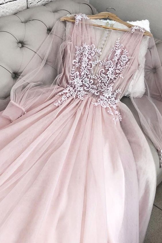 Pink Party Dress V Neck Tulle Long Prom Dress, Long Sleeves Evening