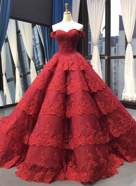Sweetheart Burgundy Lace Sweep Train Layered Ball Gown, Prom Dress With Sleeves M405