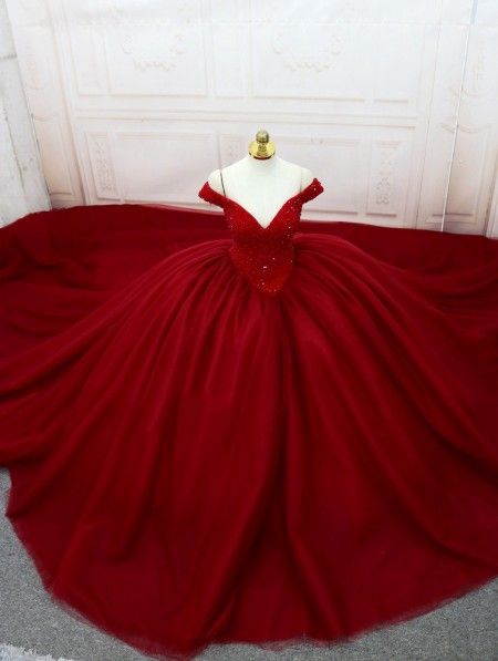 Red Gothic Beading Off-the-shoulder Ball Gown Wedding Dress M407
