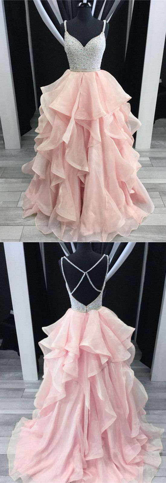 Charming Beading V-neck Cross Back Pink Prom Dresses Ball Gowns Organza Ruffles M416