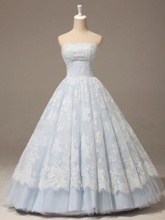Baby Blue Prom Dress Strapless A-line Lace Applique Quinceañera Dress M441