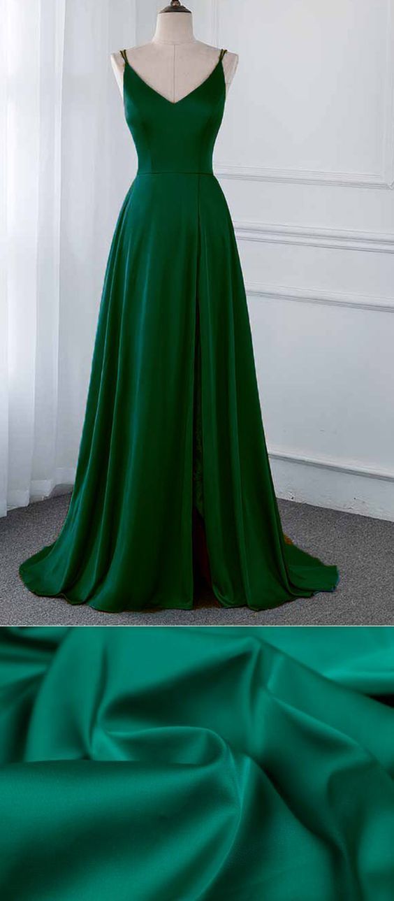 Green Satin Spaghetti Strap Long Prom Dresses M477