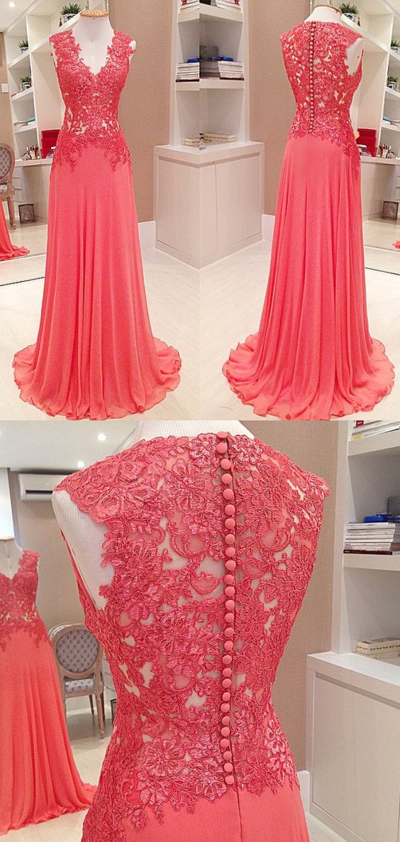 Straps V Neck Lace Chiffon Long Prom Dress Watermelon Formal Party Gown M483