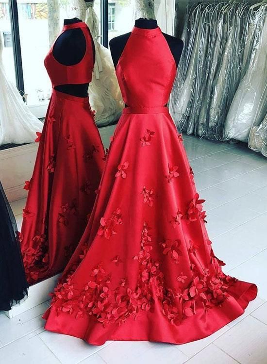 Unique Red Satin Long A Line Prom Dress, Red Evening Dress M496