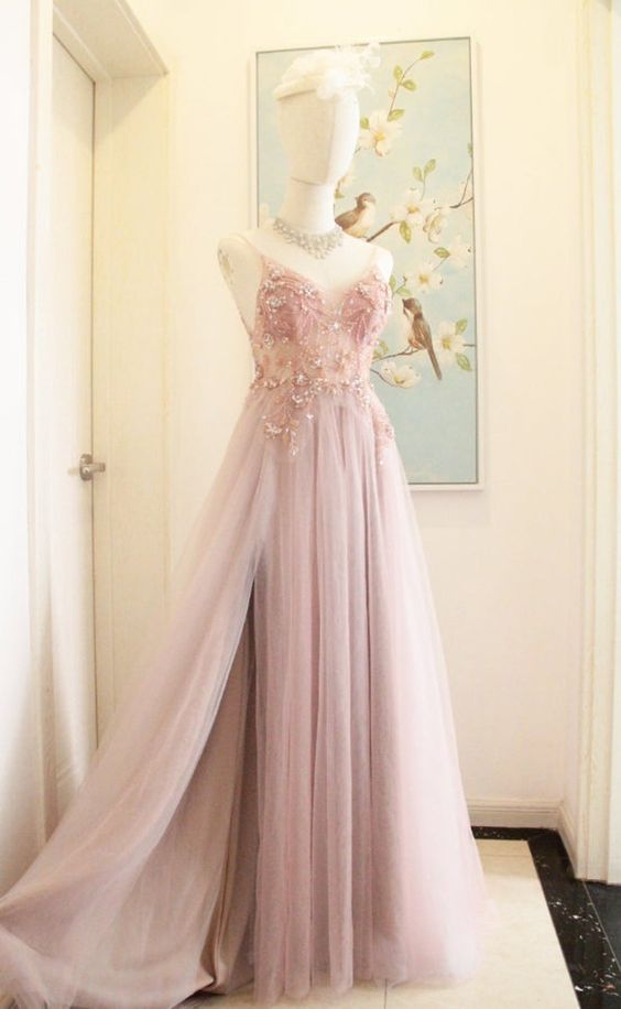 Tulle Pink Prom Dress With Slit Tulle Spaghetti Strap Jewelry Tulle Prom/evening Dress Christmas Dress M512