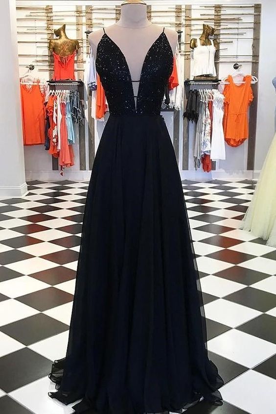 Sparkly Plunge V-neck A-line Black Sequin Prom Dress M518