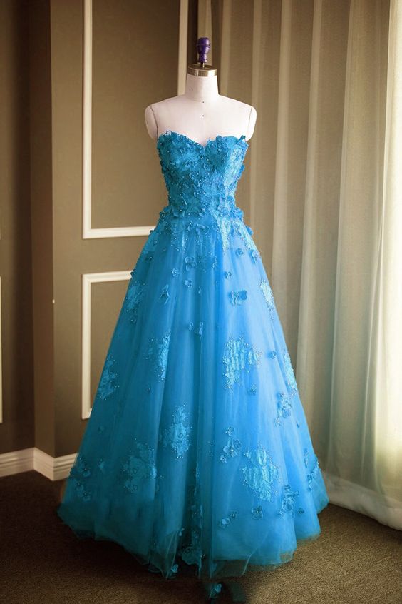 Ice Blue Strapless Sweetheart Floral Appliqués A-line Long Prom Dress, Evening Dress Featuring Lace-up Back M519