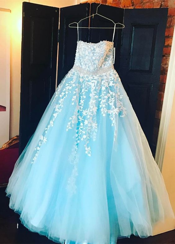 Light Blue Appliques Prom Dress, Elegant Spaghetti Straps Tulle Evening Dress, Long Prom Dresses M520