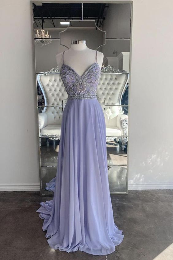 Purple Chiffon Beads Long Prom Dress Evening Dress M521