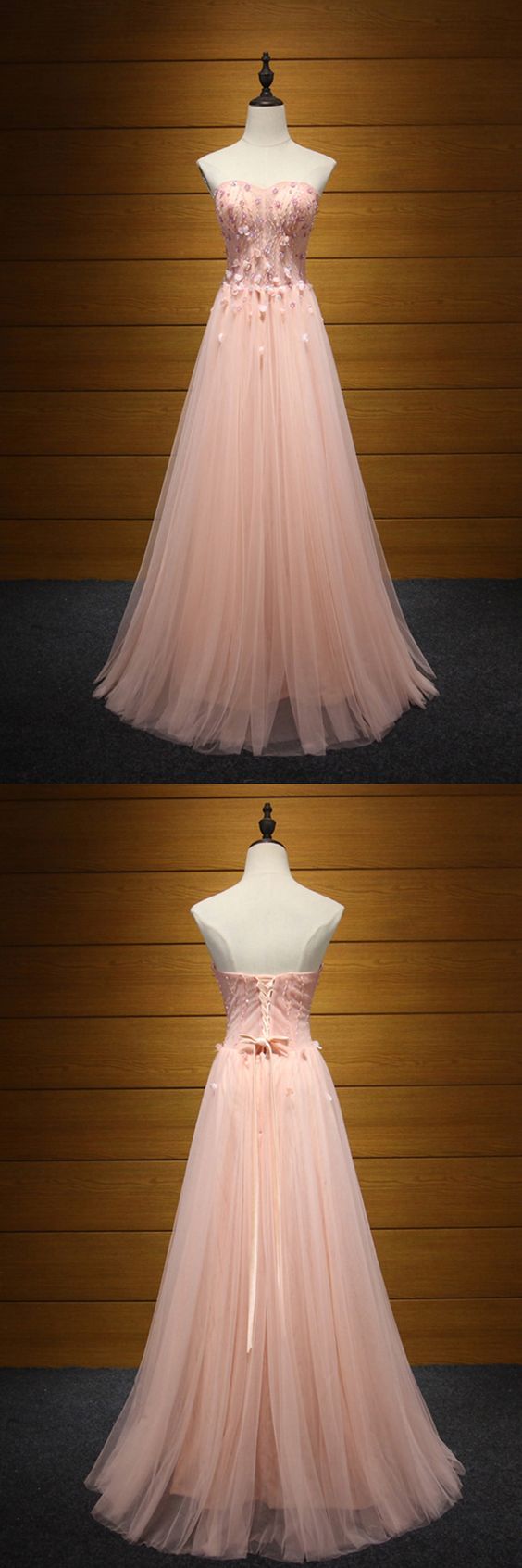 Fitted Peach Pink Long Formal Dress Tulle Beaded With Florals For Women M523
