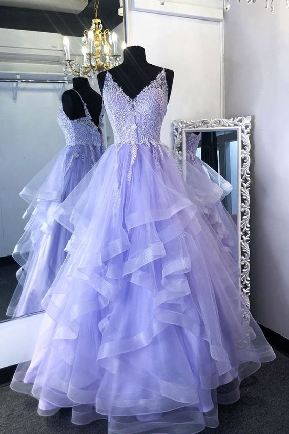 Purpler V Neck Tulle Lace Beads Long Prom Dress Tulle Formal Dress M524