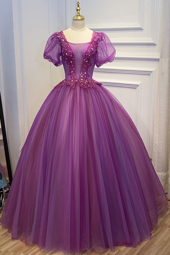 Purple Beading Embroidery Lace Bubble Sleeve Ball Gown Medieval Dress M527