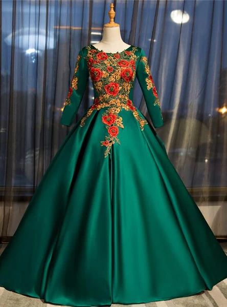 Dark Green Satin Long Ball Gown Sweet 16 Dress, Green Prom Dress M528