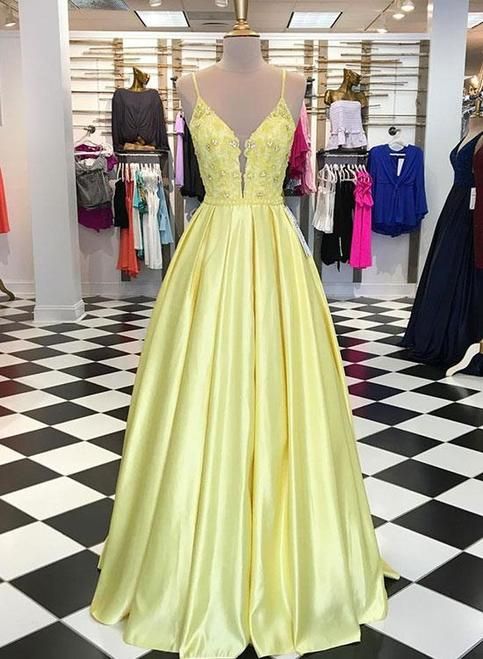 Unique Yellow Satin V Neck Long A Line Senior Prom Dress With Applique M533